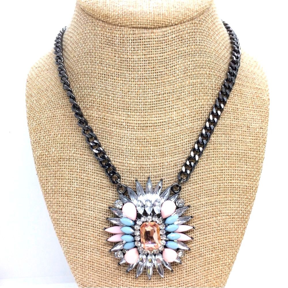 Statement Necklace Rhinestone Pink Blue Bling Pendant Gunmetal Chain Large